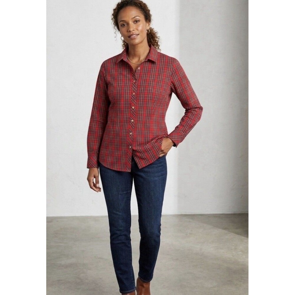 Talbots Women's Red Plaid Non Iron Button Down Shirt Metallic Accents Sz 16P